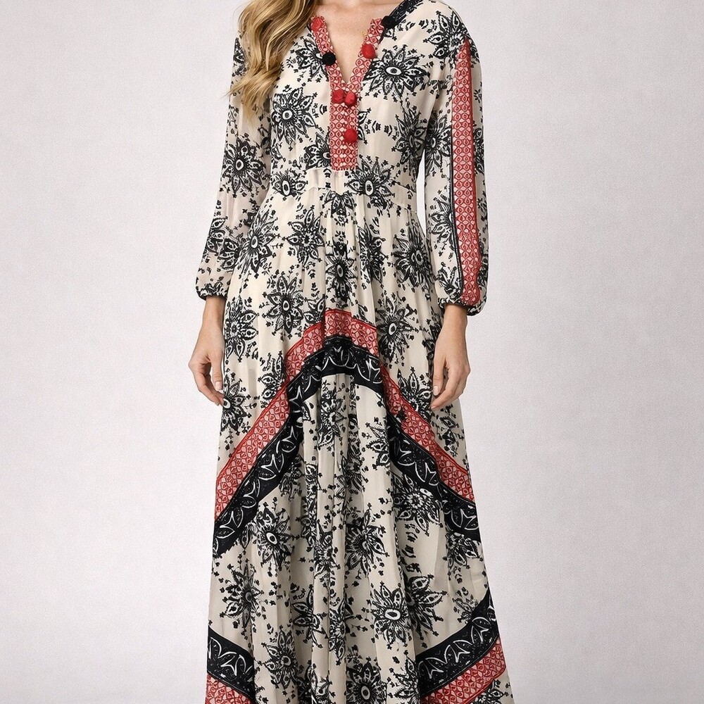 Sheryl Crow Maxi Dress‎ Womens L Ivory Black Floral Boho Peasant V-Neck